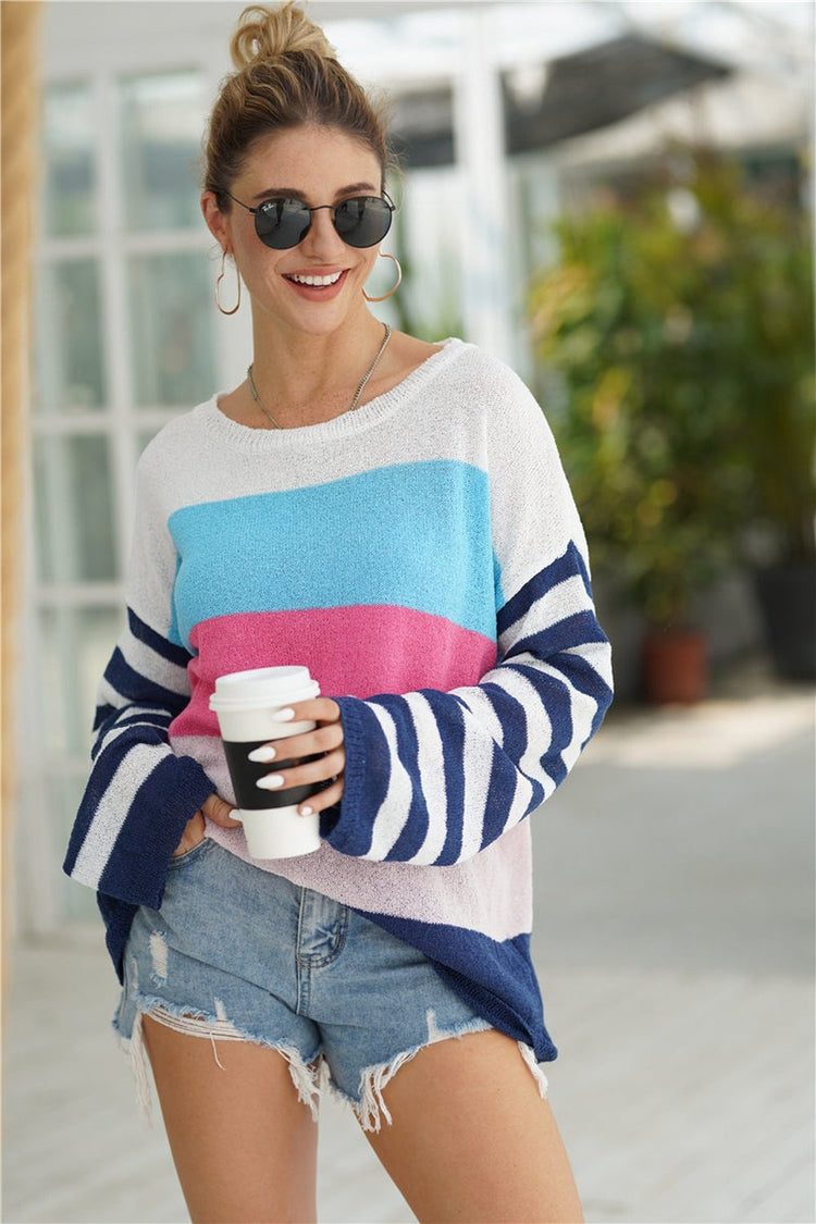 Striped Ribbed Trim Bell Sleeve Sweater - Pullover Sweaters - FITGGINS