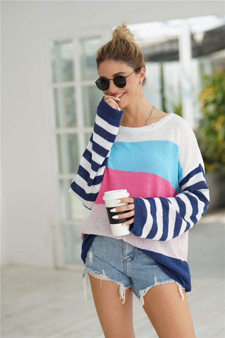 Striped Ribbed Trim Bell Sleeve Sweater - Pullover Sweaters - FITGGINS
