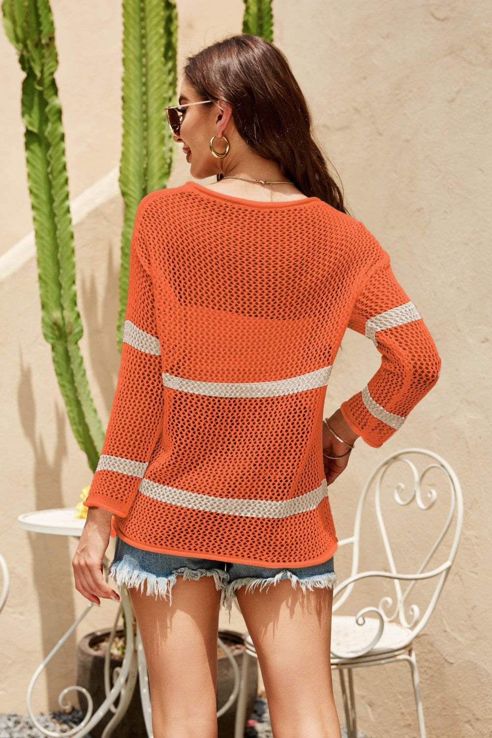 Striped Round Neck Openwork Cover Up - Pullover Sweaters - FITGGINS