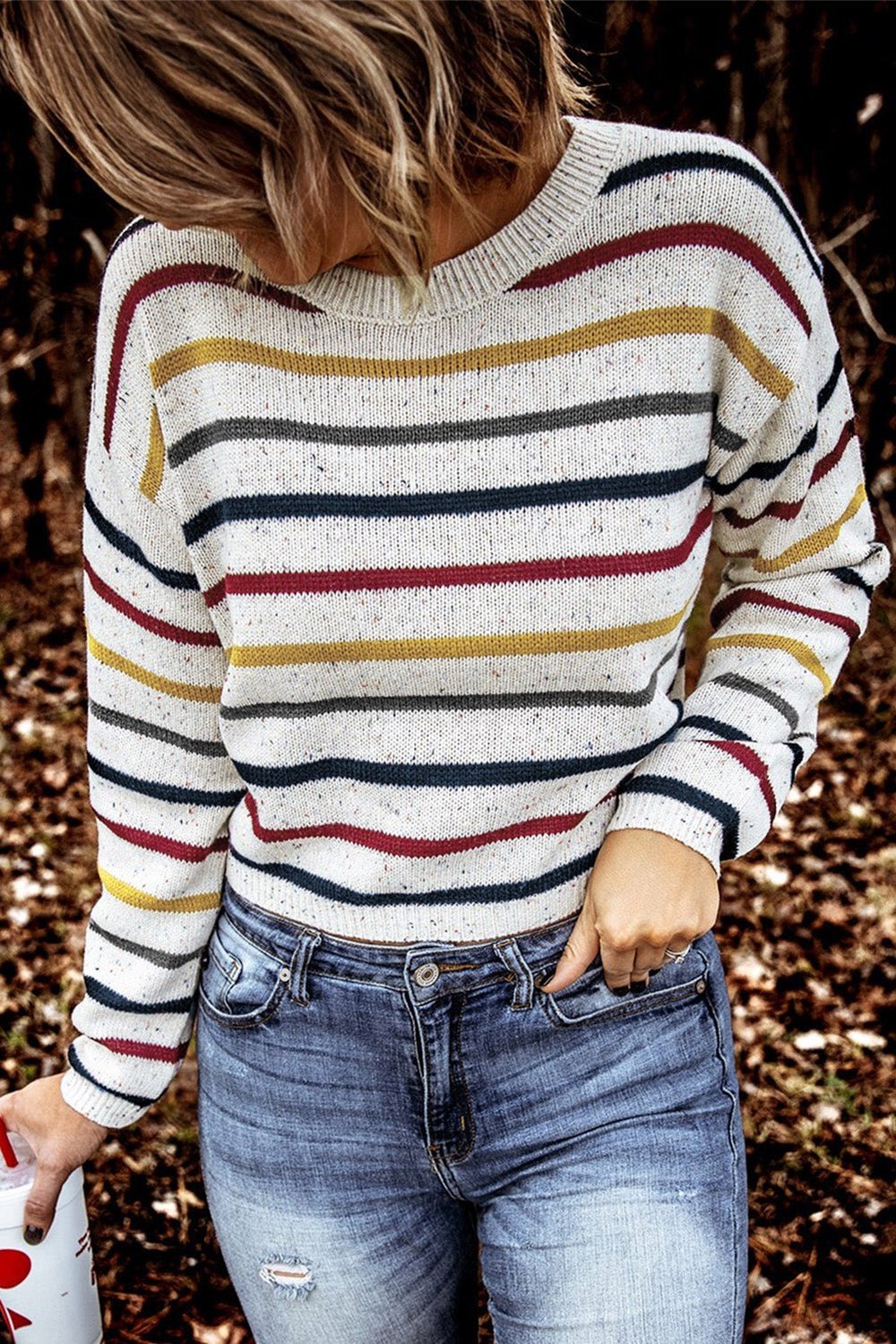 Striped Round Neck Ribbed Trim Sweater - Pullover Sweaters - FITGGINS