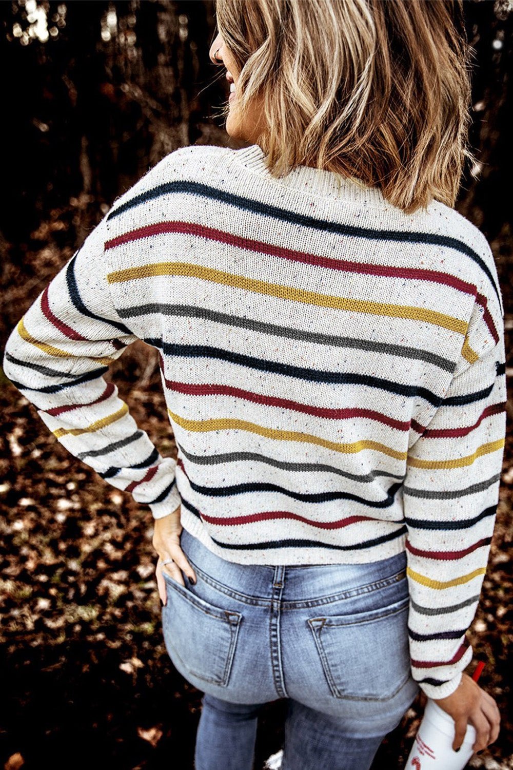Striped Round Neck Ribbed Trim Sweater - Pullover Sweaters - FITGGINS