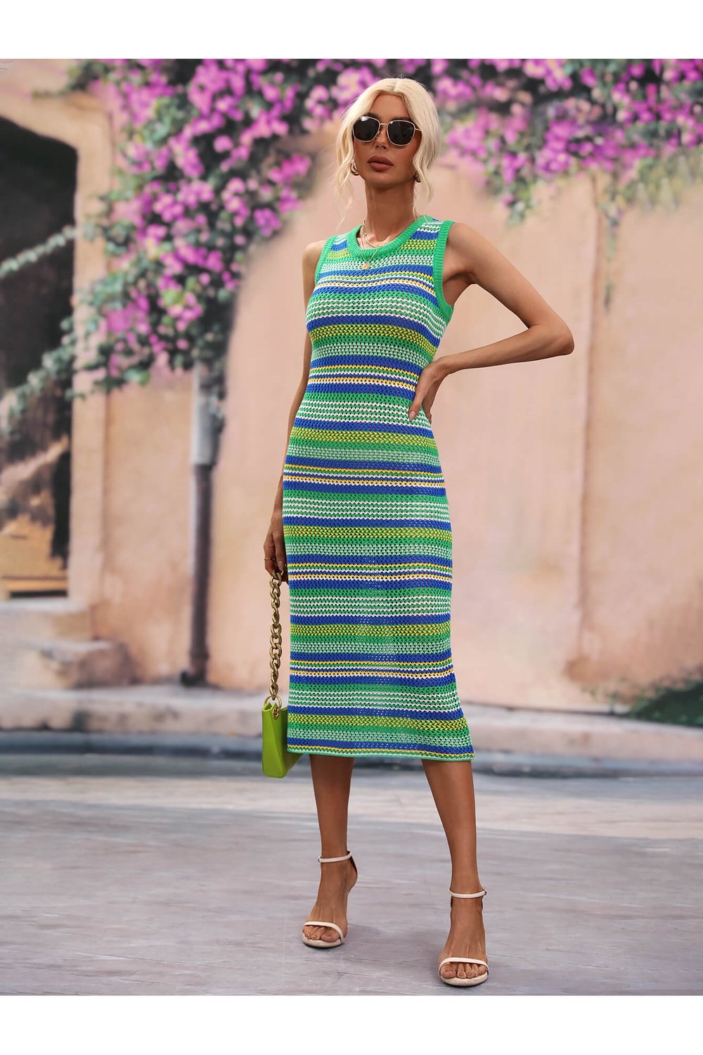 Striped Round Neck Sleeveless Midi Cover Up Dress - Cover-Ups - FITGGINS