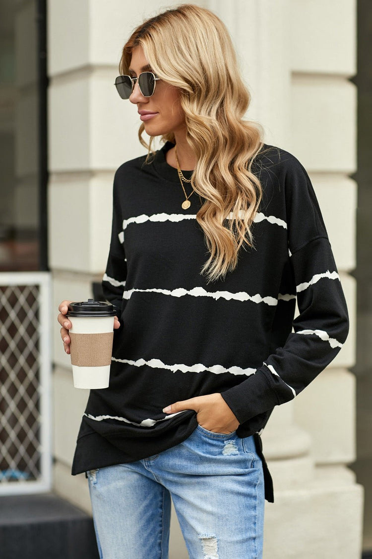 Striped Side Slit Round Neck Sweatshirt - Sweatshirts & Hoodies - FITGGINS
