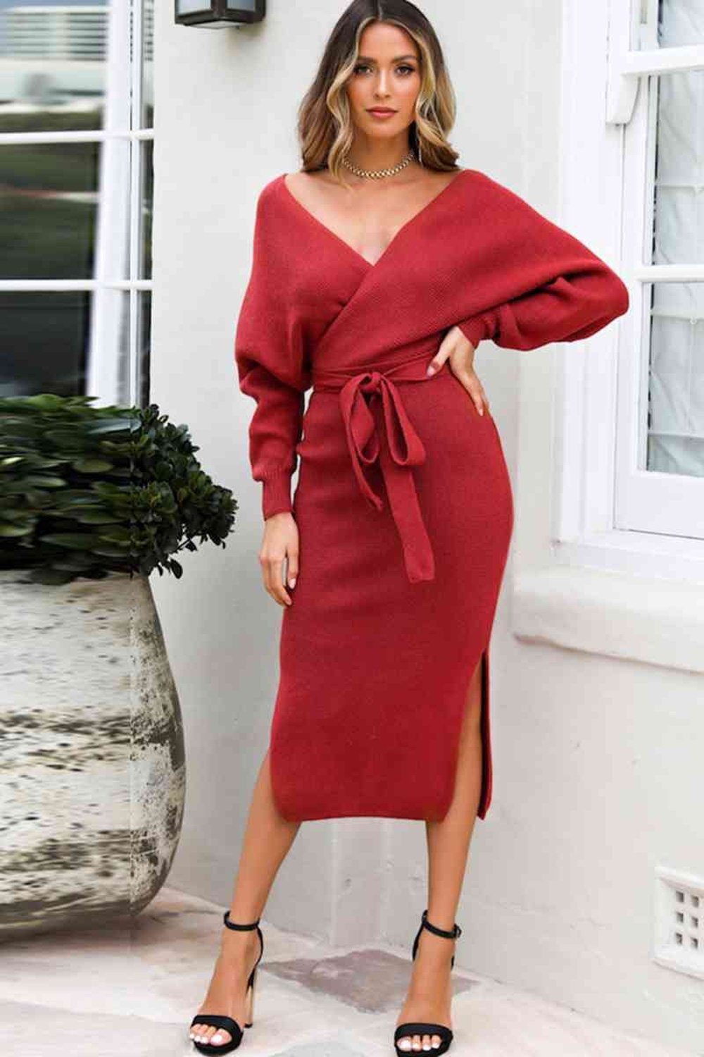 Surplice Neck Bow Waist Slit Sweater Dress - Sweater Dresses - FITGGINS