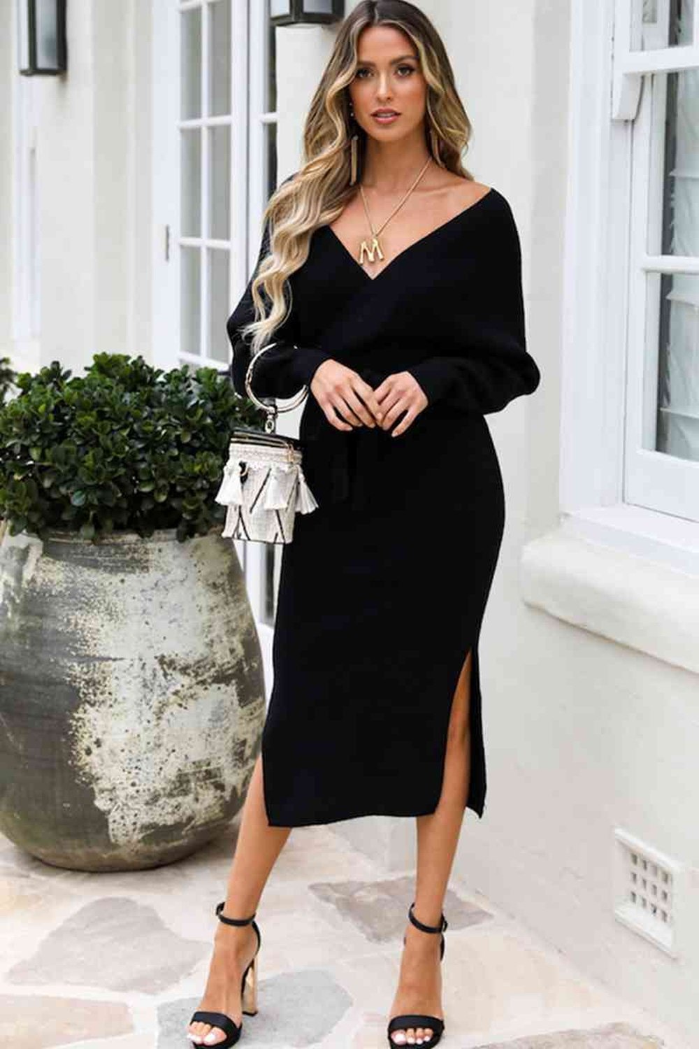 Surplice Neck Bow Waist Slit Sweater Dress - Sweater Dresses - FITGGINS