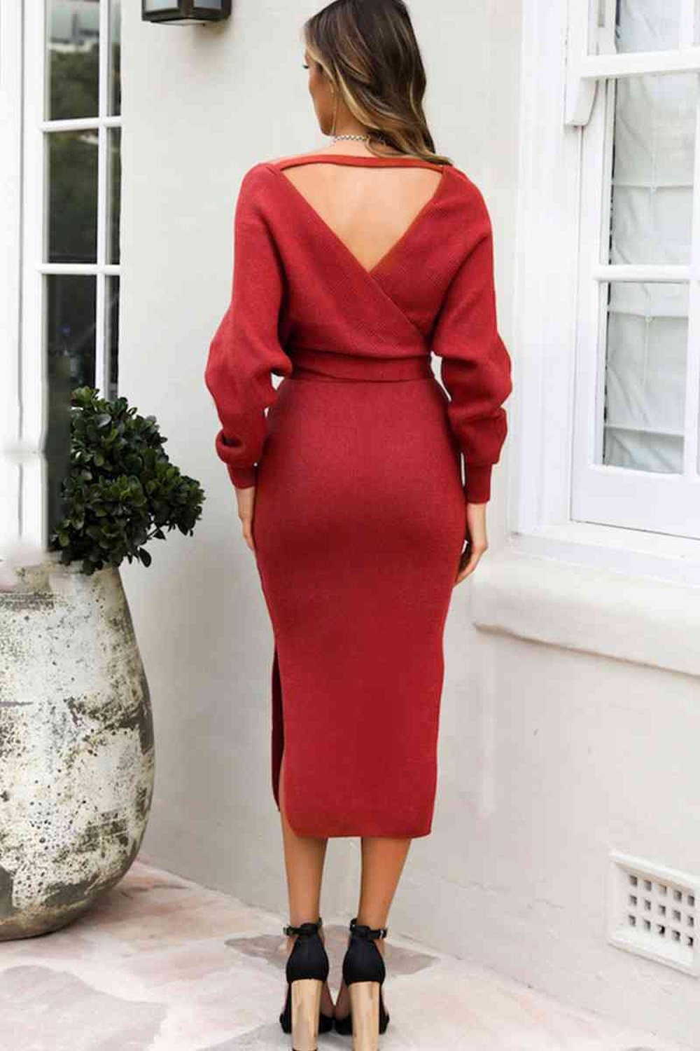 Surplice Neck Bow Waist Slit Sweater Dress - Sweater Dresses - FITGGINS