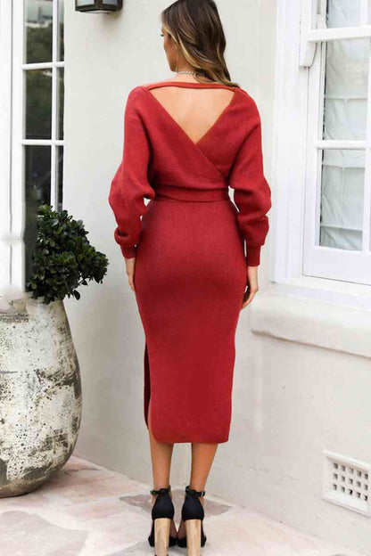 Surplice Neck Bow Waist Slit Sweater Dress - Sweater Dresses - FITGGINS