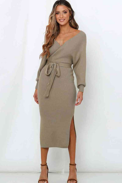 Surplice Neck Bow Waist Slit Sweater Dress - Sweater Dresses - FITGGINS