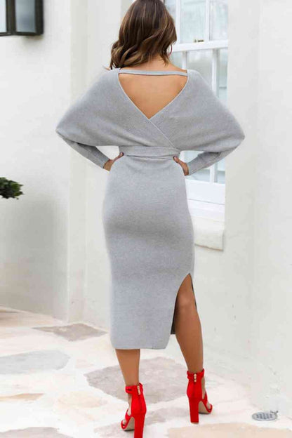 Surplice Neck Bow Waist Slit Sweater Dress - Sweater Dresses - FITGGINS