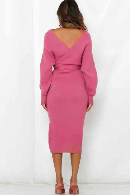 Surplice Neck Bow Waist Slit Sweater Dress - Sweater Dresses - FITGGINS