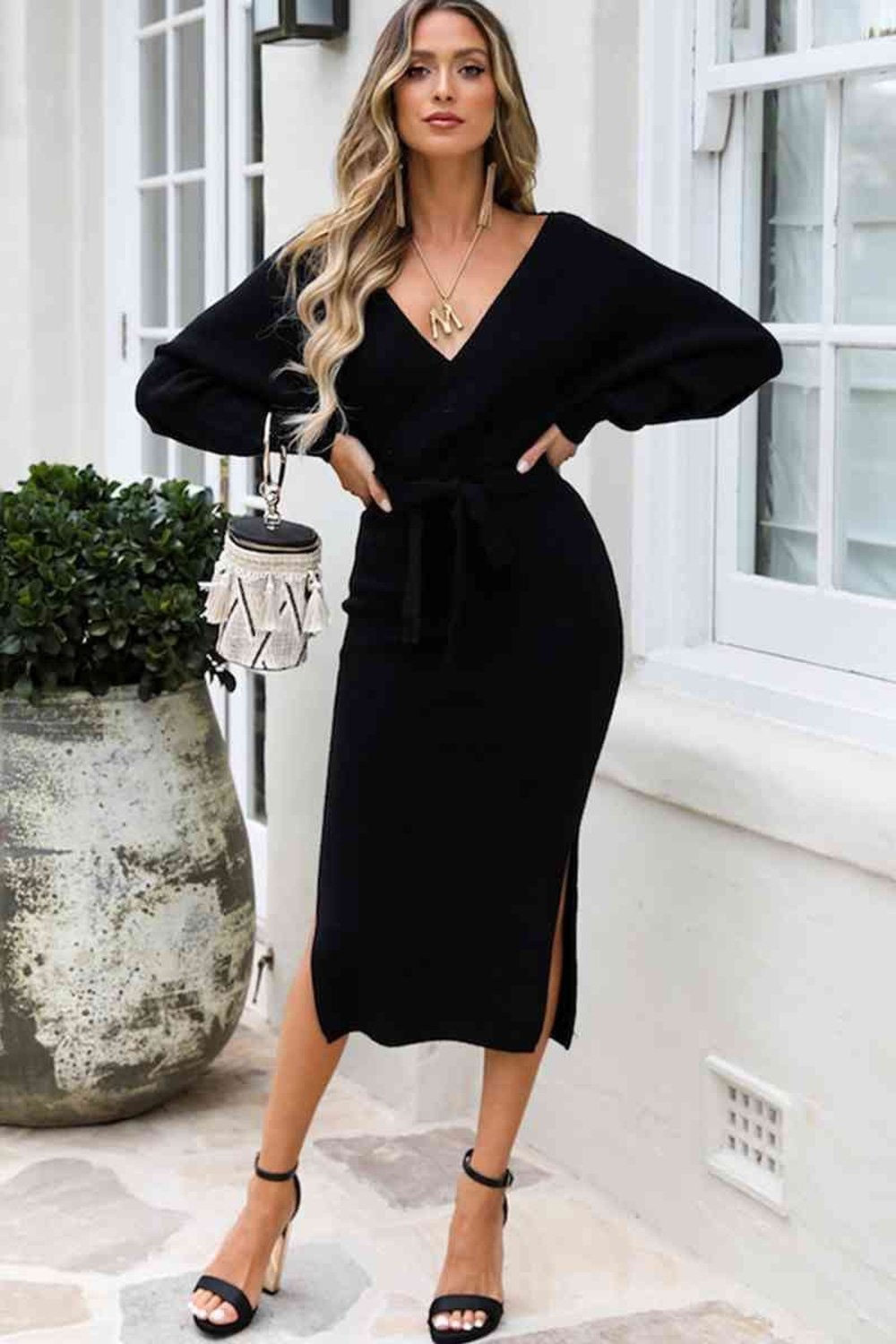 Surplice Neck Bow Waist Slit Sweater Dress - Sweater Dresses - FITGGINS