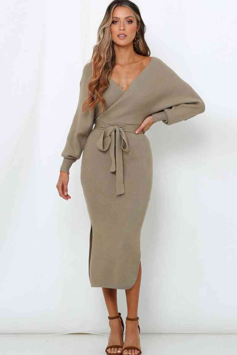 Surplice Neck Bow Waist Slit Sweater Dress - Sweater Dresses - FITGGINS