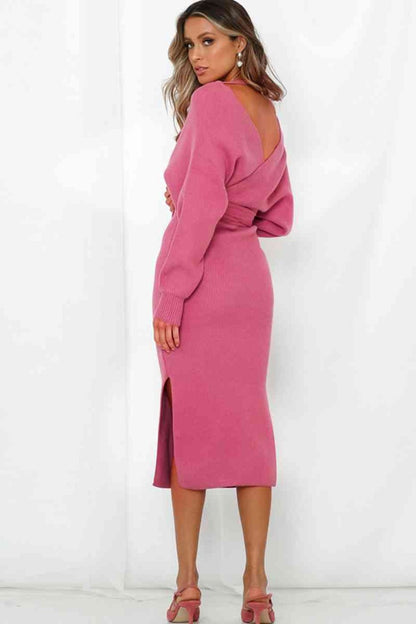 Surplice Neck Bow Waist Slit Sweater Dress - Sweater Dresses - FITGGINS