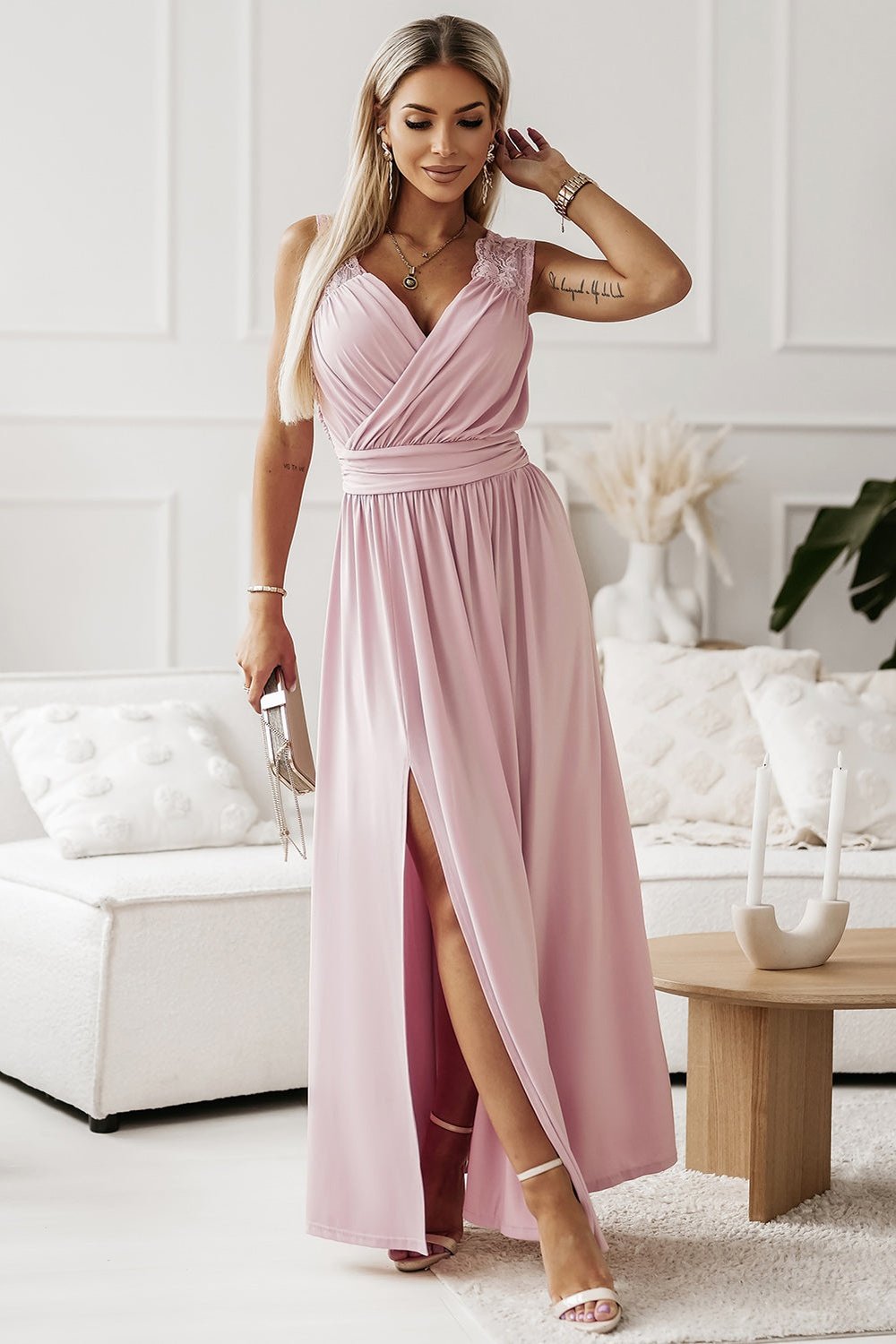 Surplice Neck Spliced Lace Split Maxi Dress - Casual & Maxi Dresses - FITGGINS