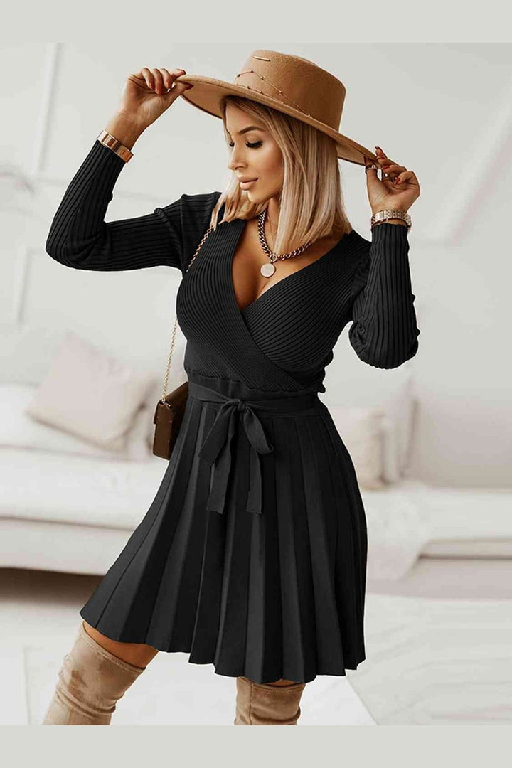 Surplice Neck Tie Front Pleated Sweater Dress - Sweater Dresses - FITGGINS