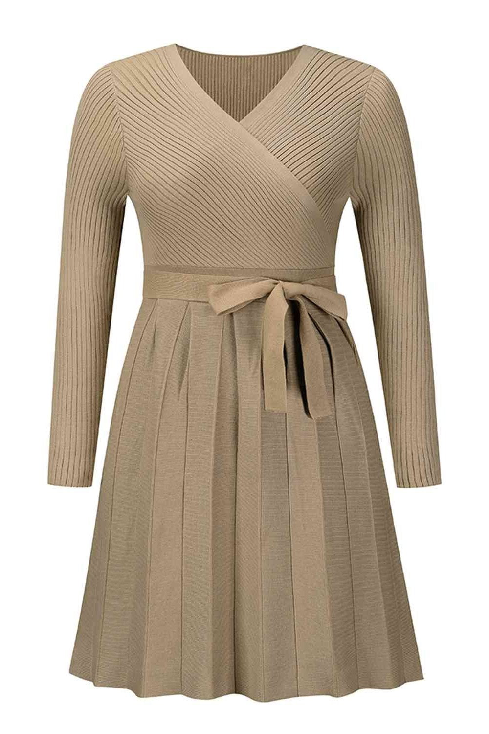 Surplice Neck Tie Front Pleated Sweater Dress - Sweater Dresses - FITGGINS