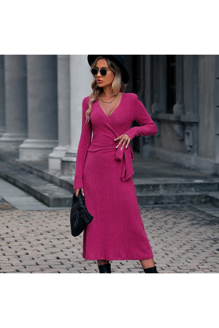 Surplice Neck Tied Long Sleeve Dress - Casual & Maxi Dresses - FITGGINS