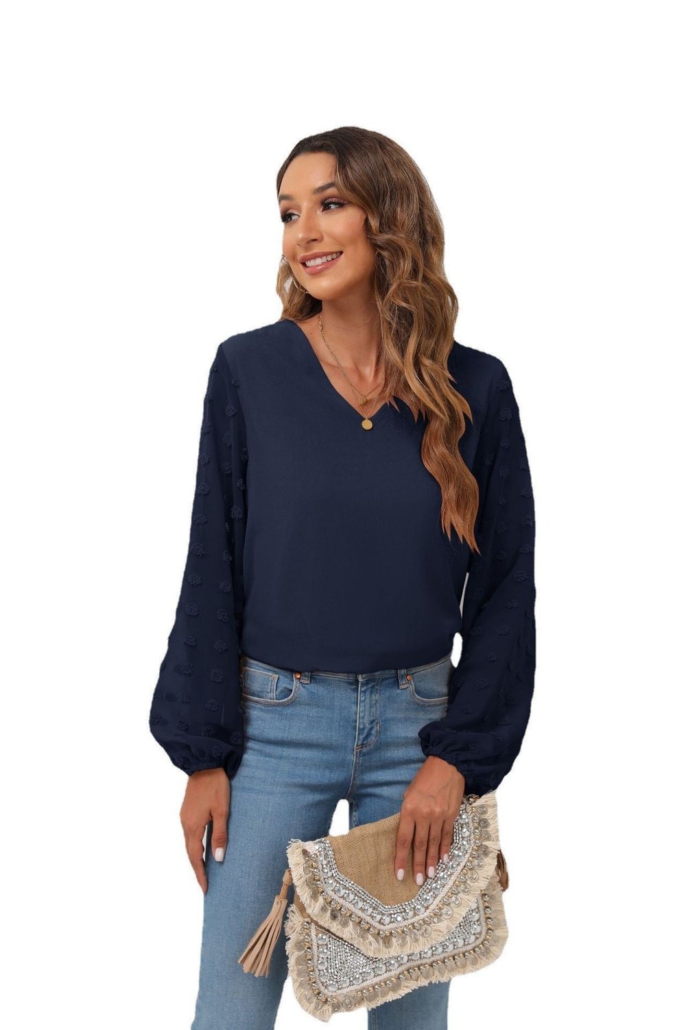 Swiss Dot Balloon Sleeve Blouse - T-Shirts - FITGGINS