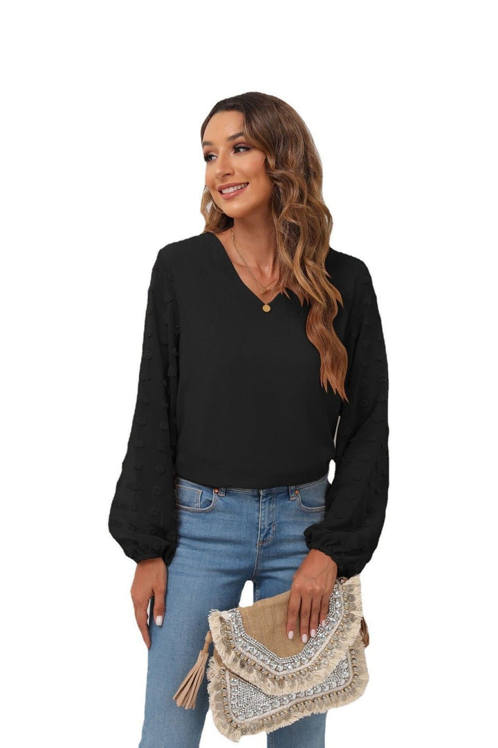 Swiss Dot Balloon Sleeve Blouse - T-Shirts - FITGGINS