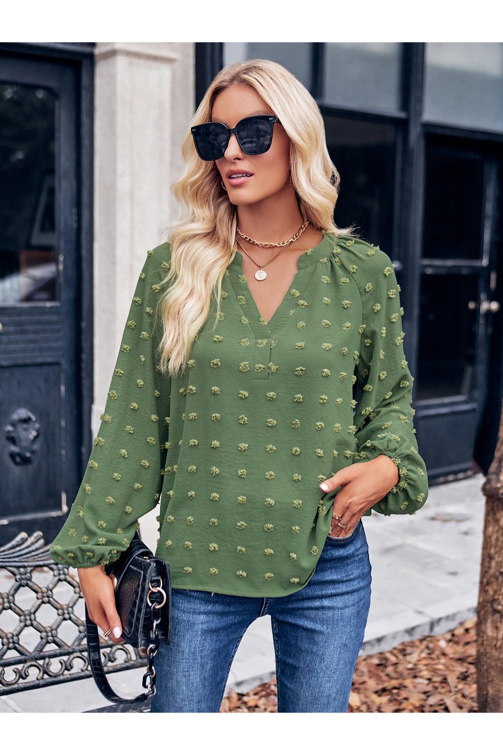 Swiss Dot Notched Neck Long Sleeve Blouse - Blouses - FITGGINS