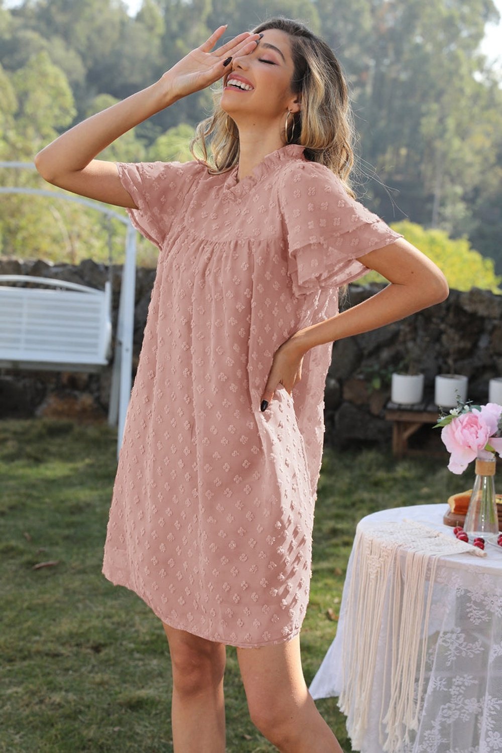 Swiss Dot Round Neck Flutter Sleeve Dress - Casual & Maxi Dresses - FITGGINS