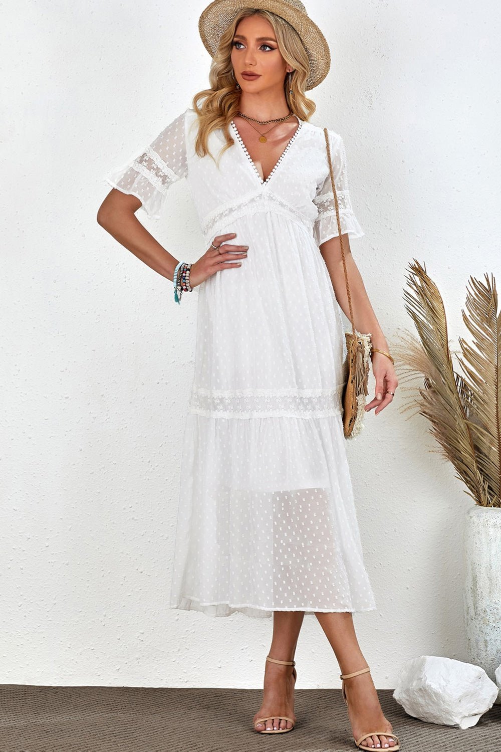 Swiss Dot V-Neck Short Sleeve Midi Dress - Casual & Maxi Dresses - FITGGINS