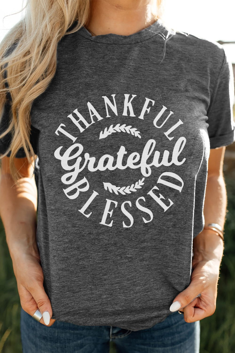 THANKFUL GRATEFUL BLESSED Graphic Crewneck Tee - T-Shirts - FITGGINS