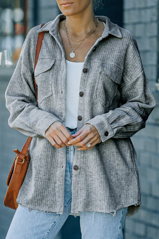 Textured Button Down Shirt Jacket with Pockets - Shirts - FITGGINS