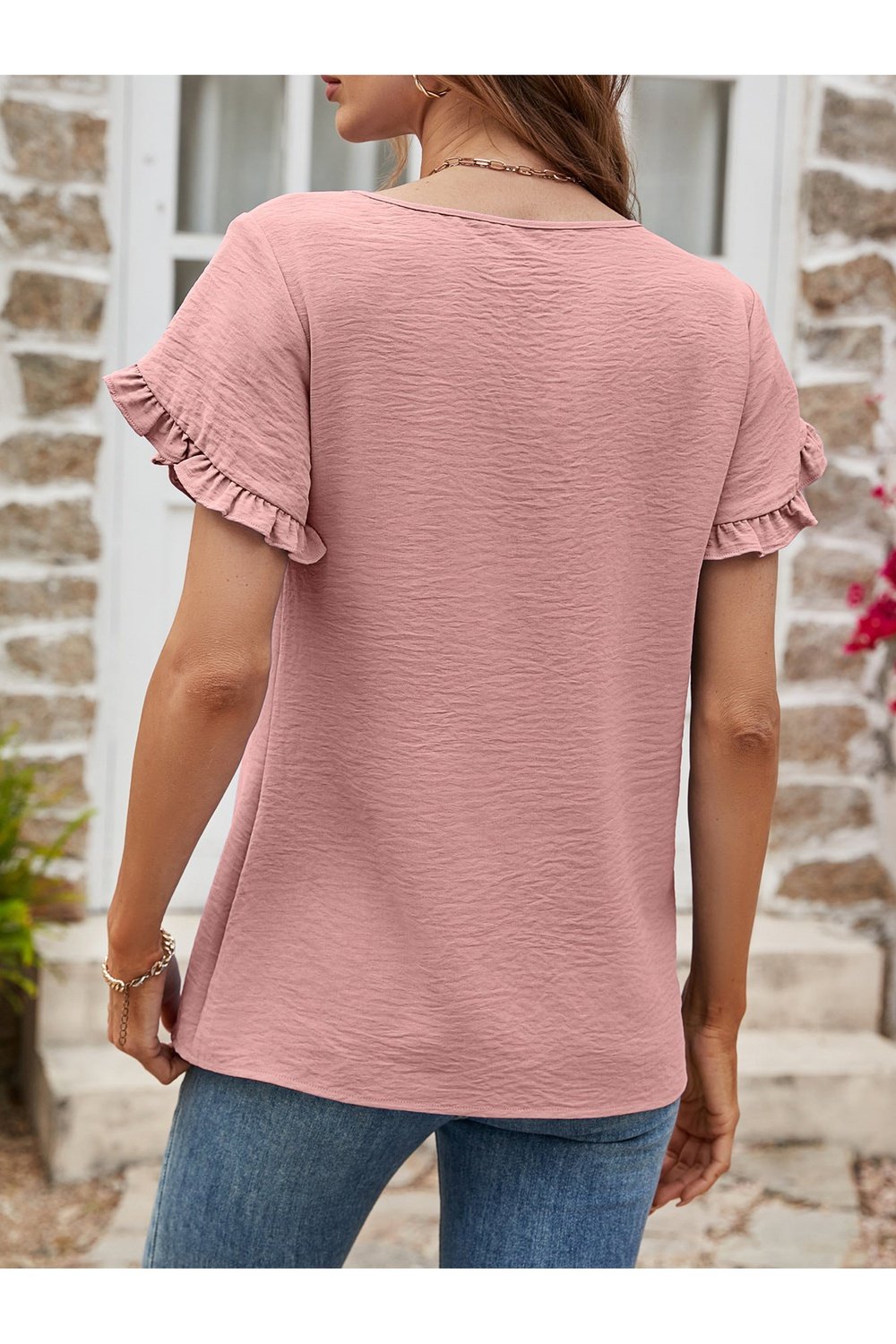 Textured Petal Sleeve Round Neck Tee - T-Shirts - FITGGINS