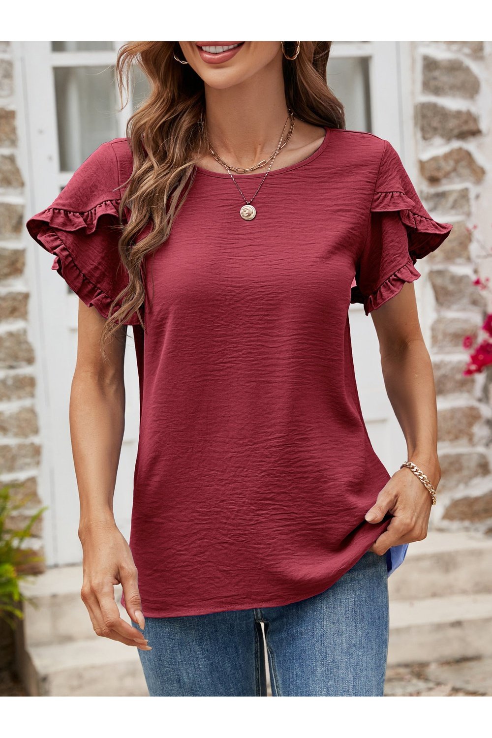 Textured Petal Sleeve Round Neck Tee - T-Shirts - FITGGINS