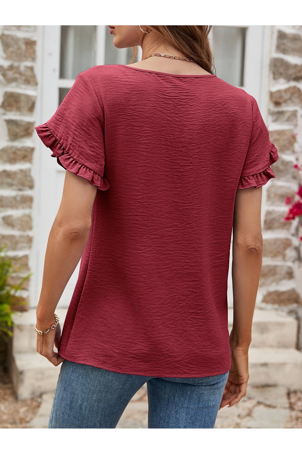 Textured Petal Sleeve Round Neck Tee - T-Shirts - FITGGINS