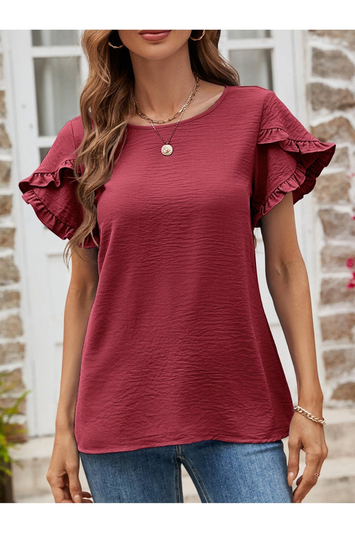 Textured Petal Sleeve Round Neck Tee - T-Shirts - FITGGINS
