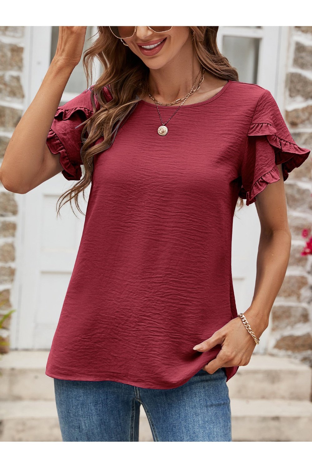 Textured Petal Sleeve Round Neck Tee - T-Shirts - FITGGINS