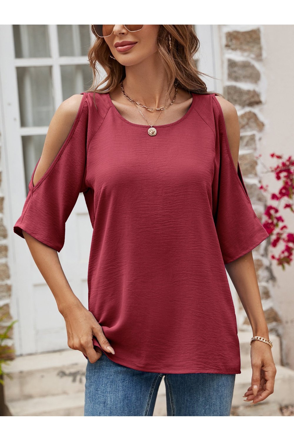 Textured Round Neck Split Sleeve Top - T-Shirts - FITGGINS
