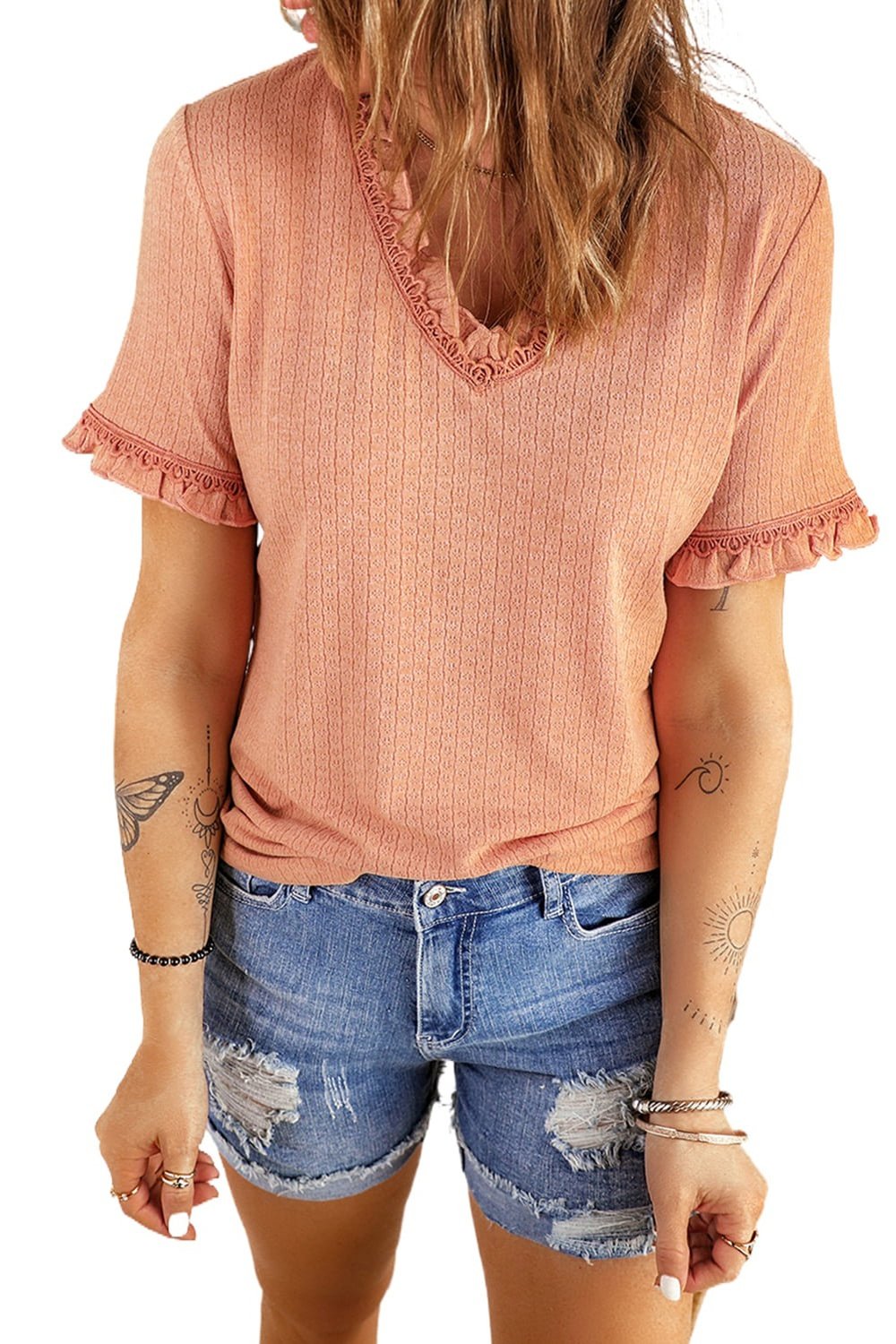 Textured V-Neck Flounce Sleeve Blouse - Blouses - FITGGINS