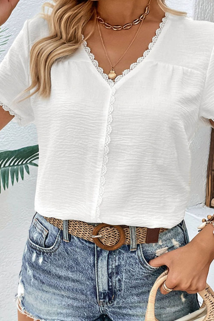 Textured Lace Trim Tee Shirt - T-Shirts - FITGGINS