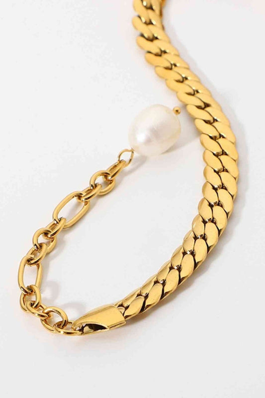 Thick Curb Stainless Steel Chain Bracelet with Pearl - Bracelets - FITGGINS