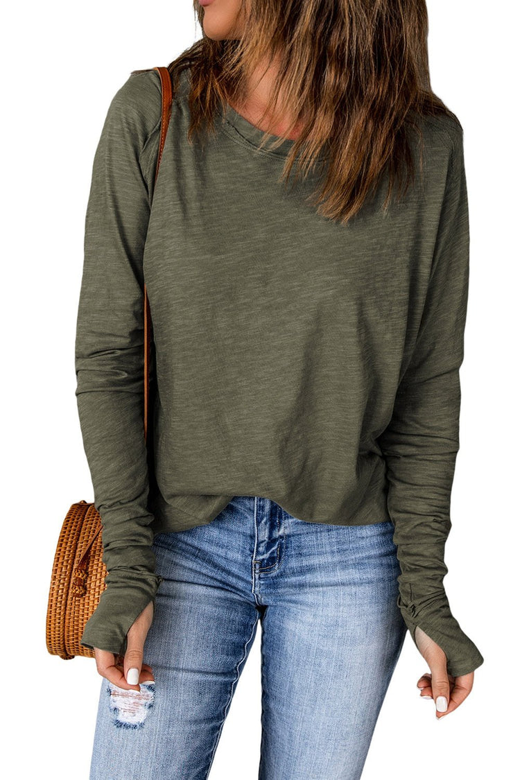 Thumbhole Long Sleeve Round Neck Top - Sweatshirts & Hoodies - FITGGINS
