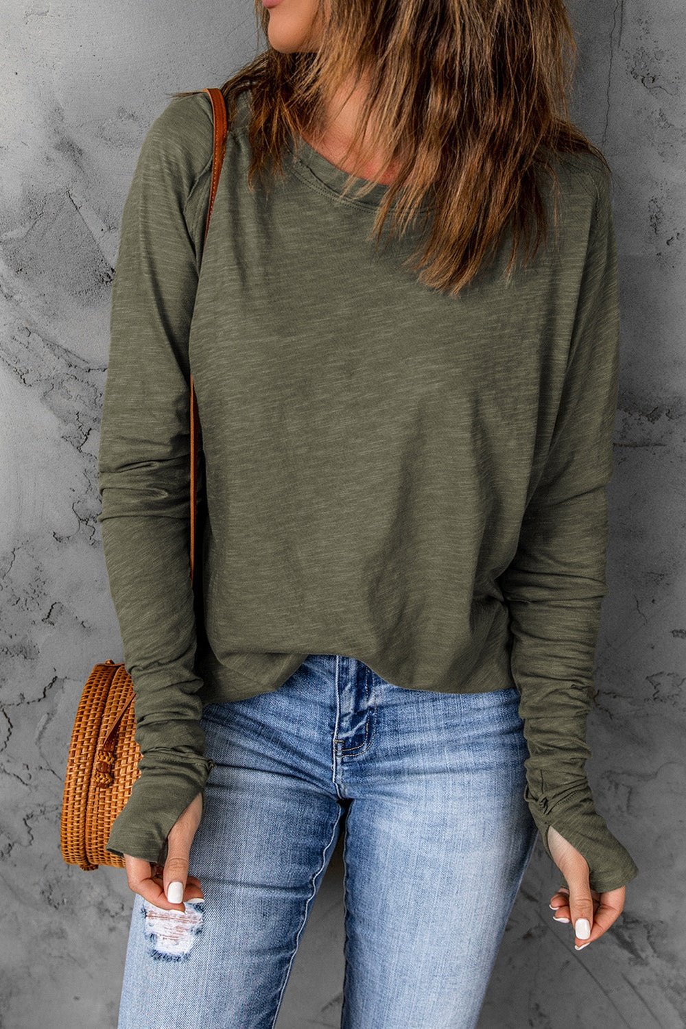 Thumbhole Long Sleeve Round Neck Top - Sweatshirts & Hoodies - FITGGINS