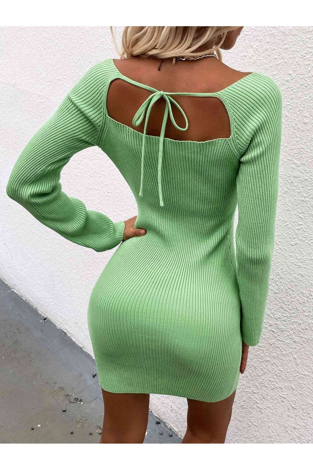 Tie Back Square Neck Long Sleeve Sweater Dress - Sweater Dresses - FITGGINS
