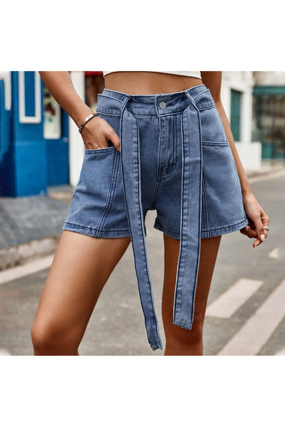 Tie Belt Denim Shorts with Pockets - Denim Shorts - FITGGINS