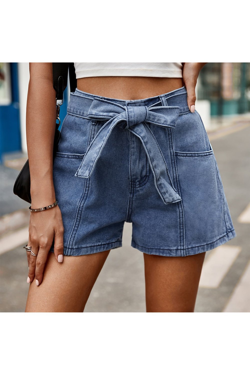 Tie Belt Denim Shorts with Pockets - Denim Shorts - FITGGINS