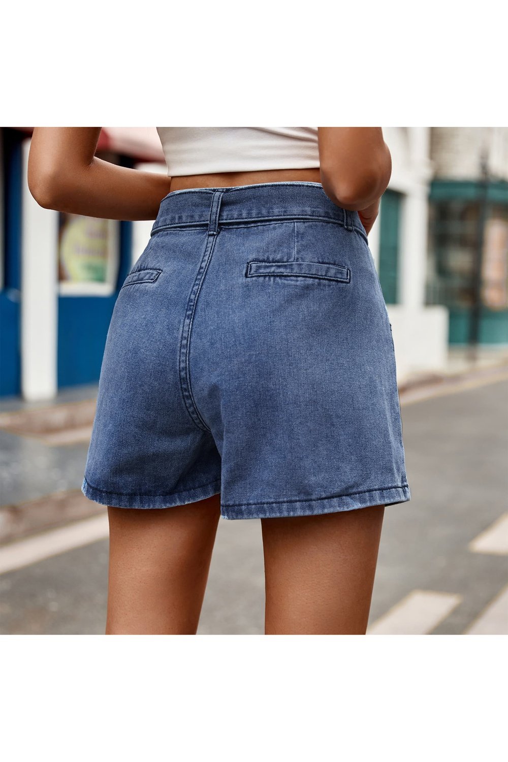 Tie Belt Denim Shorts with Pockets - Denim Shorts - FITGGINS