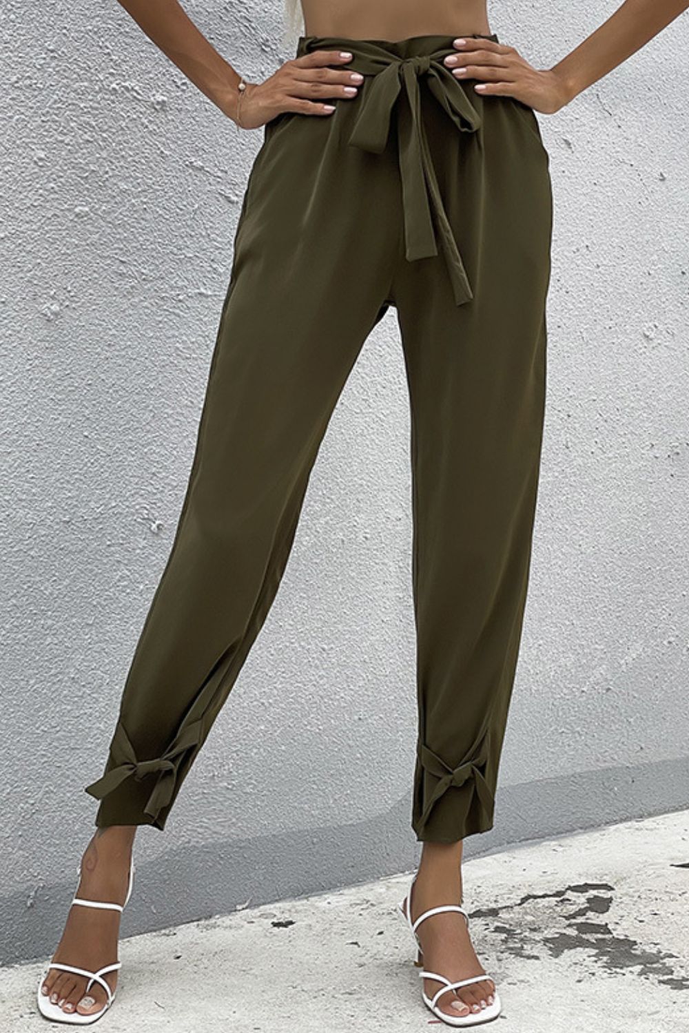 Tie Detail Belted Pants with Pockets - Pants - FITGGINS