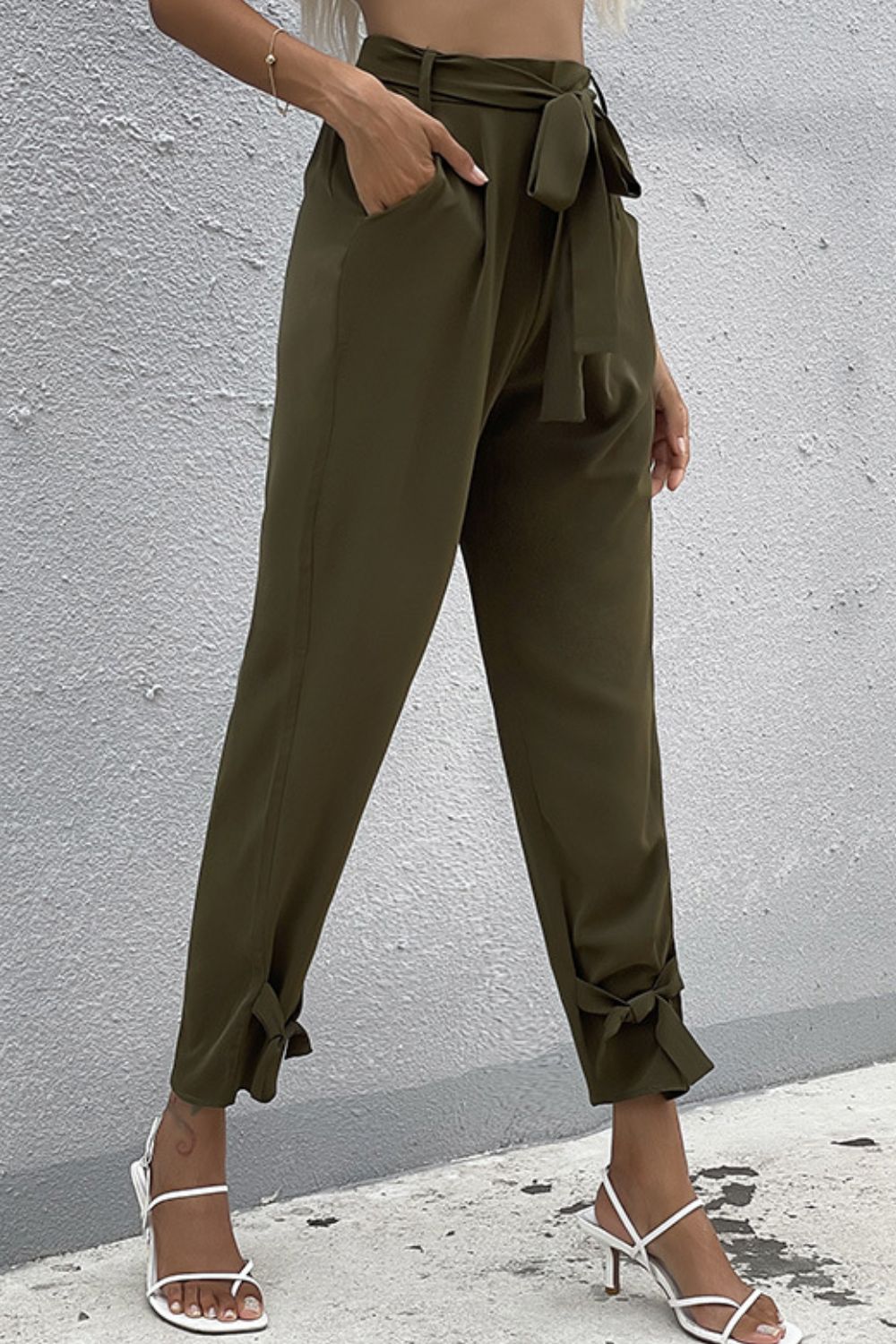 Tie Detail Belted Pants with Pockets - Pants - FITGGINS