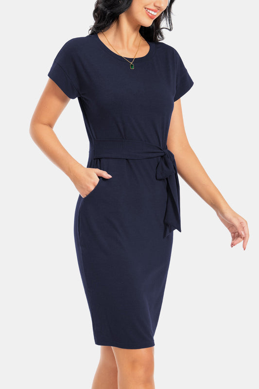 Tie Front Round Neck Short Sleeve Dress - Casual & Maxi Dresses - FITGGINS