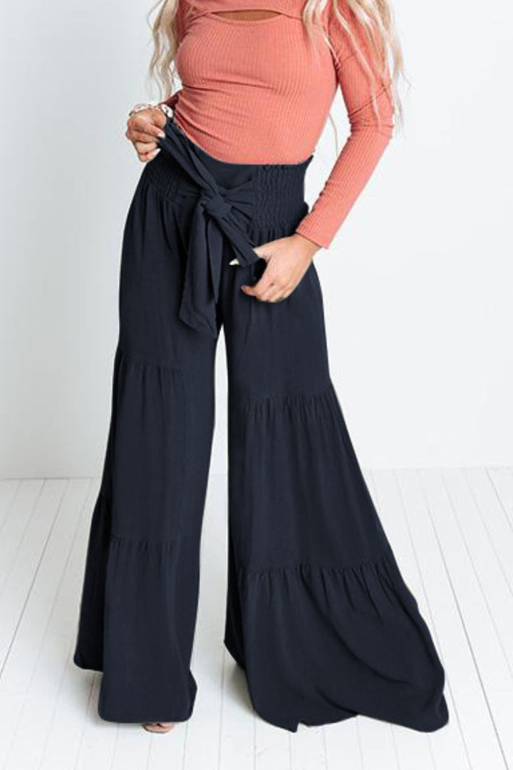 Tie Front Smocked Tiered Culottes - Pants - FITGGINS