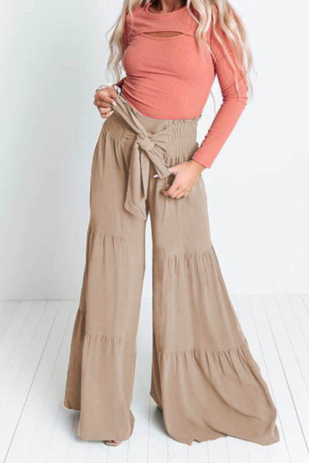 Tie Front Smocked Tiered Culottes - Pants - FITGGINS