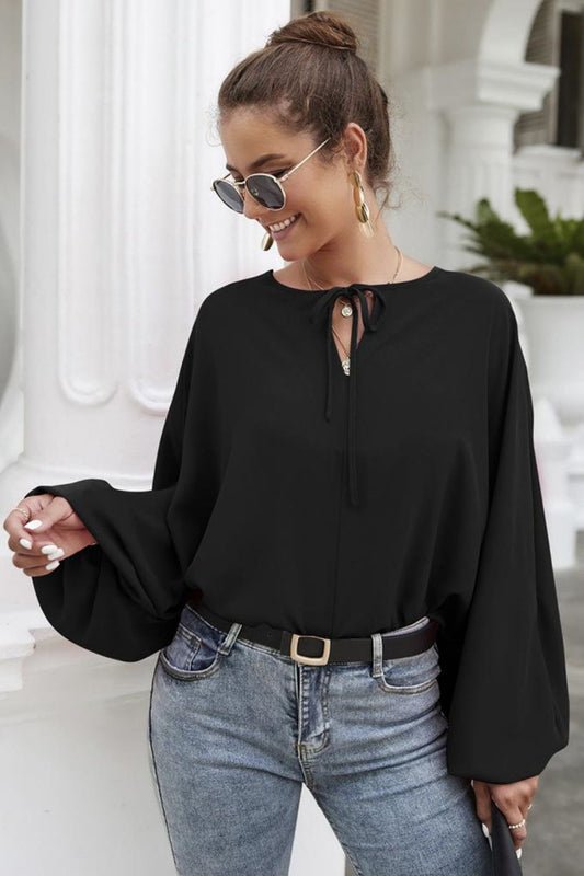 Tie Neck Balloon Sleeve Blouse - Blouses - FITGGINS