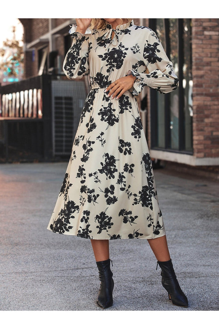 Tie Neck Flounce Sleeve Dress - Casual & Maxi Dresses - FITGGINS
